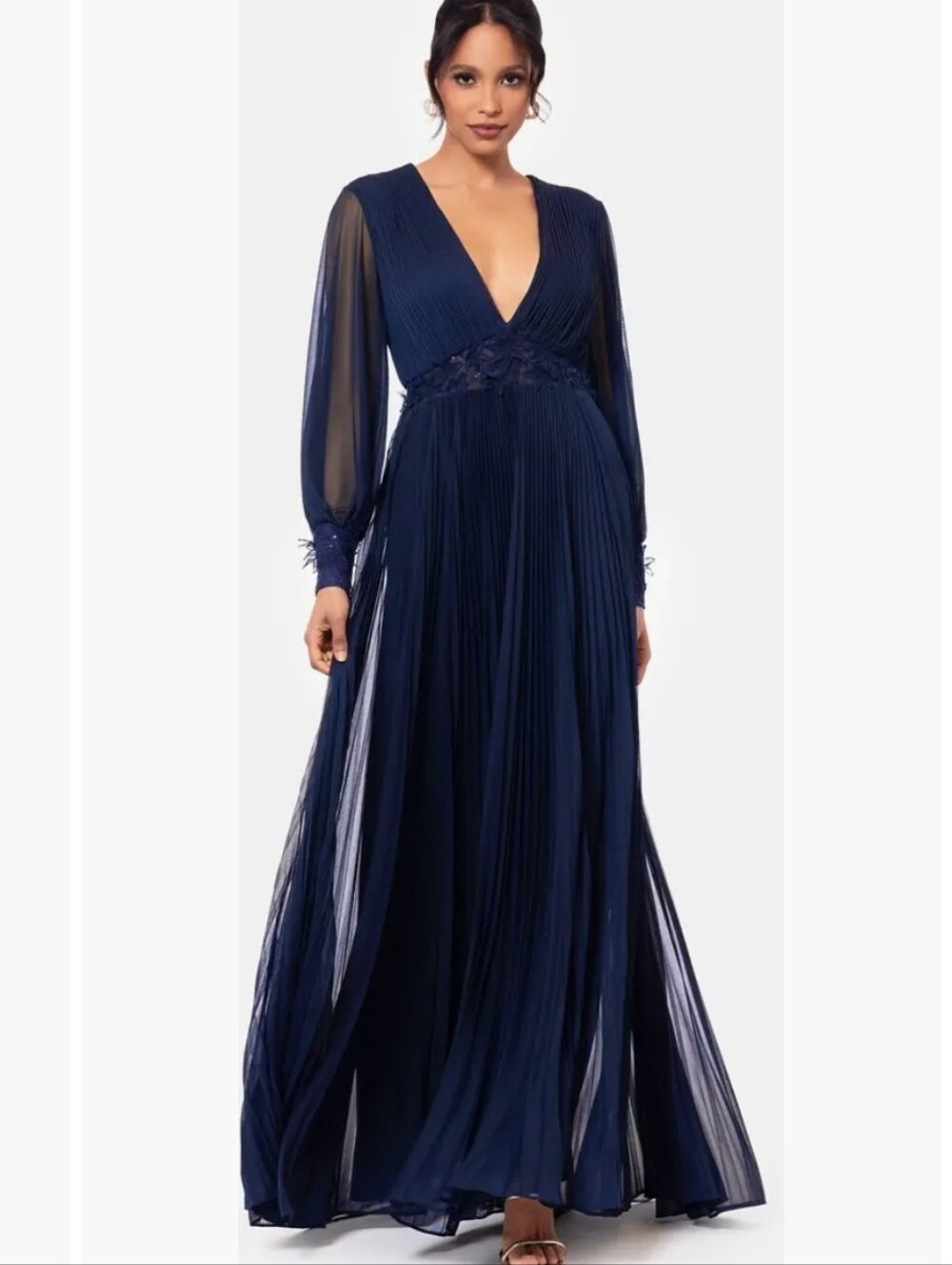 Betsy & Adam Navy Mesh Sequin Waist Long Sleeve Gown Size 16 NWT $289